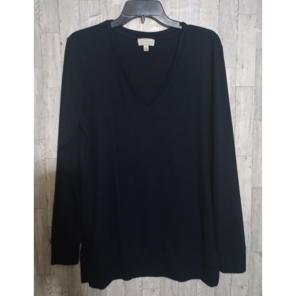 Lucky Brand Sweater Dark Navy Blue V-Neck Tunic Length Long Sleeves Womens Small